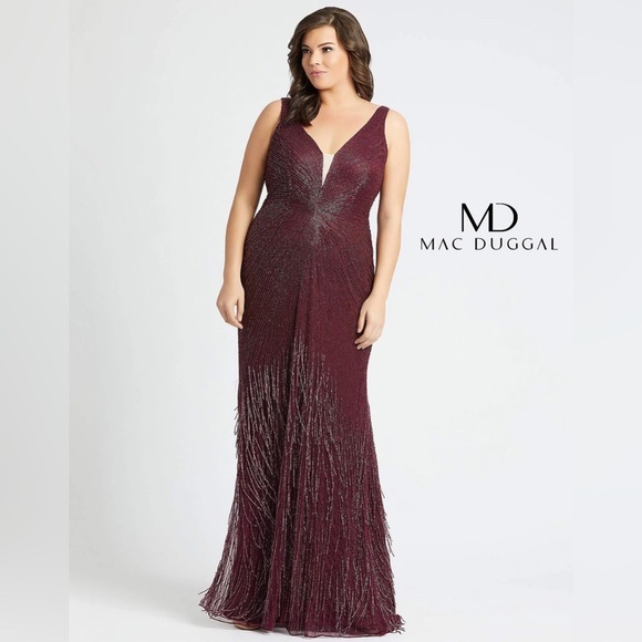NWT Mac Duggal Burgundy V Neck Beaded Maxi Gown 14W 4047F...